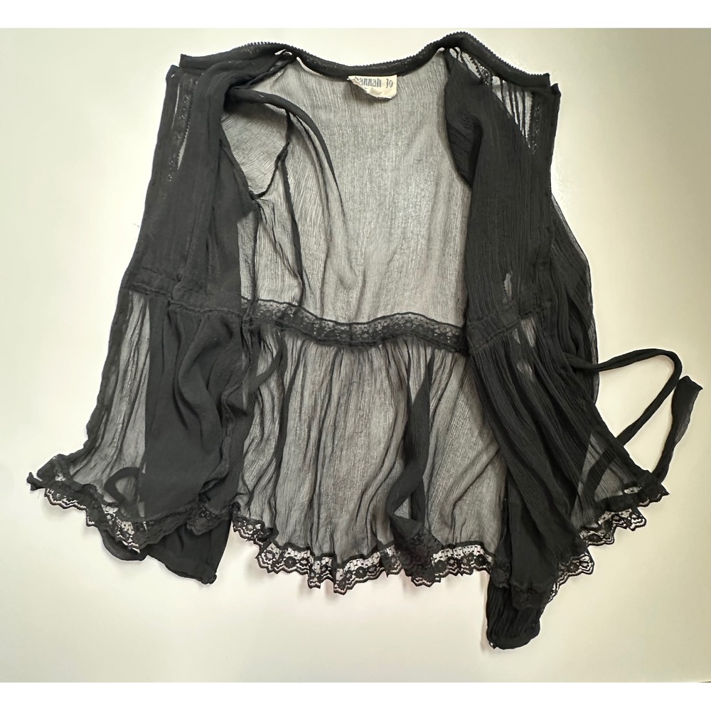 Y2K Hannah Jo Black Sheer Lace Silk Blouse Romantic Whimsigoth Babydoll Top XS/S - Picture 11 of 13